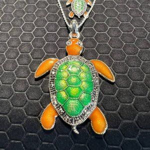Turtle Necklace and Earring Set Brown and Green 18K White Gold Plated
